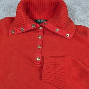 Lauren Ralph Lauren Sweater‎ Petite Large Orange Cotton Gold Button Mock Neck